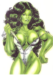 1girls areolae avengers big_breasts breasts female female_only green_hair green_skin hulk_(series) leotard long_hair marvel marvel_comics muscular muscular_female open_clothing open_leotard she-hulk solo thick_thighs thighs unknown_artist white_background