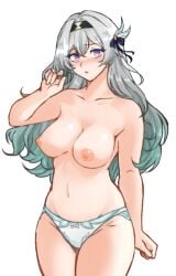 bow bow_panties breasts firefly_(honkai:_star_rail) gradient gradient_hair green_hair grey_hair hair_ornament hairband honkai:_star_rail honkai_(series) long_hair looking_at_viewer multicolored_eyes navel open_mouth panties topless tridisart two_tone_hair underwear