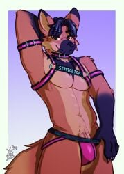 absurd_res anthro biped canid canine clothing countershade_fur countershade_torso countershading english_text eyebrows fingers fox fur hair harness hi_res jockstrap male mammal smile solo tail text underwear yukein