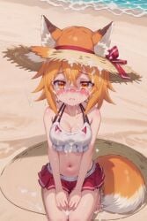 ai_generated beach crying cum cum_covered fox_ears fox_girl medium_breasts orange_eyes orange_hair questionable_consent sad senko_(sewayaki_kitsune_no_senko-san) sewayaki_kitsune_no_senko-san sitting straw_hat swimsuit