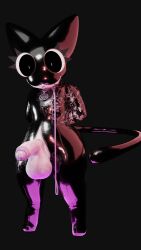 3d absurd_res akittu anthro balls black_ears black_eyes black_latex black_tail blender_(artwork) blender_cycles bodily_fluids clothing collar collar_tag crotch_zipper digital_media_(artwork) domestic_cat eyelashes felid feline felis foreskin full_body_suit fur genital_fluids genitals glistening glistening_latex grin hands_behind_back hi_res latex latex_clothing latex_skinsuit leaking_precum leash looking_down male mammal penis pink_collar pink_leash precum presenting presenting_penis pupils seam_(sewing) simple_background skinsuit small_pupils smile solo tail teapot_(body_type) tight_clothing white_balls white_body white_fur white_pupils zipper_down