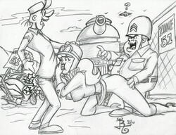 2010 futanari hanna-barbera intersex male_on_futa monochrome penelope_pitstop penis private_meekly rlg sergeant_blast wacky_races