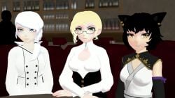 1boy 3d 3girls animated beard black_hair blonde_hair boots cat_ears completely_nude_female dance dancing glasses glynda_goodwitch high_heel_boots high_heels kali_belladonna large_breasts milf mind_control music_video nude_female rooster_teeth rwby sound theblackbirdcalls video white_hair willow_schnee