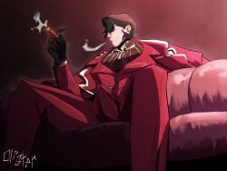 1boy 1male bara bara_body bara_tiddies bara_tits black_hair boobs breasts bulge bulge_through_clothing bulge_under_clothes cigar cigar_smoke cigarette cigarette_in_hand cigarette_smoke clothed clothing dick doesn't_care erect_penis erection erection_under_clothes erection_under_clothing fanart glasses gloves human humanoid limbus_company male male_focus male_only man manspreading meursault_(limbus_company) muscular muscular_male no_eyes nonchalant olister penis project_moon short_hair sitting sitting_on_chair sitting_on_couch smoke smoke_from_mouth smoking suit sunglasses tenting tits twitching twitching_penis