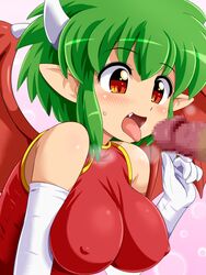 1boy 1girls breasts censored clothed clothing cute_fang draco_centauros duo elbow_gloves erect_nipples eyebrows_visible_through_hair faceless_male female gloves green_hair horns humanoid konpeto large_breasts male monster_girl mosaic_censoring nipple_bulge penis pointy_ears puyo_puyo red_eyes shiny shiny_skin skin_tight smile solo_focus steam straight tongue white_gloves wings