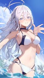 86_-eightysix- ahoge armpits bare_arms bare_belly bare_legs bare_shoulders bare_thighs belly_button bikini blush breasts choker cleavage long_hair medium_breasts ocean parted_lips partially_submerged purple_eyes side-tie_bikini_bottom sideboob silver_hair smile sooon thighs vladilena_millize water