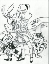 alice_in_wonderland alice_liddell anal cheshire_cat furry futa_is_bigger futa_on_male futanari intersex interspecies larger_futanari mad_hatter monochrome penis_size_difference rlg size_difference smaller_male white_rabbit_(wonderland)