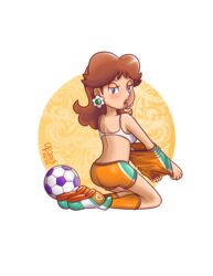 1girls ass back back_view backboob blue_eyes blush bra brown_hair earrings female female_only flower_earrings half-closed_eyes human lips lipstick looking_at_viewer mario_(series) mario_strikers nintendo open_mouth princess_daisy shirt_removed shoes shorts shoulder_length_hair soccer_ball soccer_shoes soccer_uniform socks solo sports_uniform thebourgyman transparent_background undressing