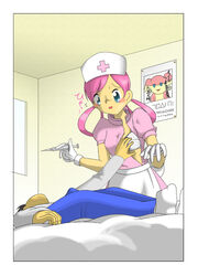 audino blush bra clothes color female groping human indoors lying male nurse_joy on_back open_shirt pokemon straight syringe tagme