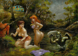 1boy 2girls anthro ass bra brian_leblanc clothing crossover daphne_blake dat_ass female female_on_anthro fishman gill-man ginger ginger_hair glasses half-dressed half_dressed half_naked half_nude hanna-barbera human lake male monster multiple_females nipples nude nude_female orange_hair scared scarf scooby-doo skirt skirt_removed velma_dinkley water wet_clothes