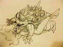 1boy 1girls bowser claws female human interspecies koopa male marimoppoi mario_(series) missionary missionary_position monochrome nintendo princess_peach rape shell side_view sketch straight