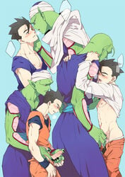 bald black_hair blush boner claws clothes color dragon_ball dragon_ball_z erection green_skin hair handjob interspecies male male_only multiple_males namekian penis piccolo pointy_ears son_gohan yaoi