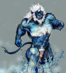 1boy abs anthro biceps blue_fur body_fur braids brown_eyes chest_hair circumcised claws clenched_teeth final_fantasy final_fantasy_x furry grey_claws grin happy horn humanoid_penis kimahri leonine leonine_tail male male_only mane muscles muscular_male no_humans pecs penis pockyrumz pubes ronso running semi-erect solo teeth water white_fur white_hair white_horn