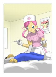 audino blush clothes color female groping human indoors lying male nurse_joy on_back pokemon straight syringe tagme