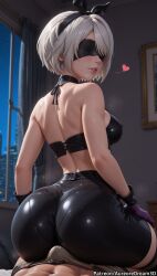 1boy 2b_(nier:automata) ai_generated ass bare_shoulders black_blindfold black_hairband blindfold breasts bulge covered_eyes curtains earrings erection erection_under_clothes female from_behind gloves hairband heart indoors jewelry latex lips looking_back meitabuu mole mole_under_mouth nier nier:_automata nier_(series) night pants parted_lips shiny_clothes short_hair sitting sky solo_focus straight underwear white_hair window yorha_2b