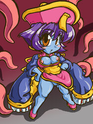 1girls blue_eyes blue_skin breasts chibi chinese_clothes clothing darkstalkers dress geung_si hat hirose_tsunami hsien_ko jiangshi legs_apart lei-lei lei_lei medium_breasts nipples no_panties nude pussy tentacle