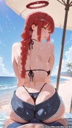 1boy ai_generated ass back backboob beach beach_umbrella bikini black_bikini blue_sky braid braided_ponytail breasts bulge chainsaw_man cloud day denim denim_shorts erection erection_under_clothes female from_behind halo highleg highleg_bikini long_hair looking_at_viewer looking_back makima_(chainsaw_man) meitabuu ocean outdoors pov red_hair ringed_eyes short_shorts shorts sitting sky smile solo_focus straight swimsuit umbrella yellow_eyes