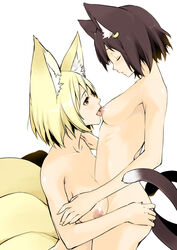 age_difference animal_ears blonde_hair breast_licking breasts brown_eyes cat_ears cat_girl cat_tail chen closed_eyes color ear_piercing earrings face female female_only fox_ears fox_girl fox_tail fur furry_ears hair hands human humanoid jewelry kemonomimi kusano_houki licking multi_tail multiple_girls mutual_yuri nipples nude orange_eyes piercing pointy_ears profile ran_yakumo short_hair side_view tail tongue touhou uncensored white_background yuri