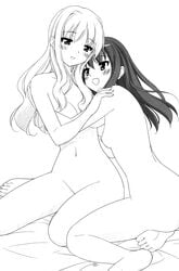 blonde_hair breasts female happy highres hug long_hair matsubara_yuuna monochrome multiple_girls nipples nude oda_nanami open_mouth page_37 peko sono_hanabira_ni_kuchizuke_wo yuri