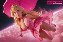 above_clouds ai_assisted ai_generated bare_shoulders blonde_hair blue_eyes breasts choker cleavage cloud collarbone crown dress earrings female female_only floating high_heels holding holding_umbrella jewelry large_breasts leotard lips long_hair looking_at_viewer mario_(series) nintendo panties pantyshot parasol parted_lips peach pink_bra pink_dress pink_footwear pink_leotard pink_panties pink_umbrella planet princess_peach princess_peach_(movie) see-through self_upload sky solo space starry_sky stelmazura super_mario_bros._(2023_film) umbrella underwear wide-eyed