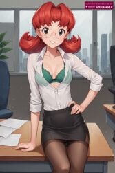 ai_assisted ai_generated arm_support bangs black_eyes black_skirt bra breasts brown_pantyhose buttons chair collarbone collared_shirt desk dj_mary_(pokemon) eyelashes female female_only glasses green_bra grin hand_on_hip indoors long_hair looking_at_viewer medium_breasts miniskirt nintendo open_clothes open_shirt panties pantyhose partially_unbuttoned pencil_skirt plant pokemon red_hair round_eyewear see-through shirt sitting skirt sleeves_rolled_up smile solo stelmazura thigh_gap thighband_pantyhose underwear white_shirt window