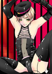 anal armpits arms_up arthur_kirkland axis_powers_hetalia blush bondage cum england_(hetalia) gloves hat jewelry male necklace piercing samu. smile smirk spread_legs thighhighs trap vibrator yaoi