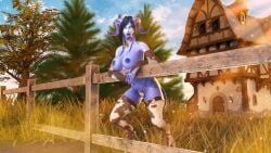 1girls 3d bellakvo big_breasts black_hair blizzard_entertainment blue_skin cow_print cowbell draenei female female_only horns original_character sironis solo thick_thighs thighhighs topless warcraft world_of_warcraft