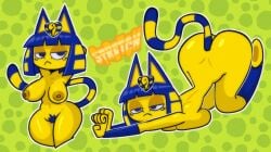 animal_crossing ankha_(animal_crossing) anthro areola ass ass_up big_butt blue_body blue_eyes blue_fur blue_hair blue_pubes brown_areola brown_nipples cat_stretch domestic_cat eyelashes felid feline felis female front_view fur green_background hair hi_res looking_at_viewer mammal markings navel nintendo nipples nude pattern_background pubes pulpdirector short_hair simple_background small_waist solo stretching striped_markings striped_tail stripes tail tail_markings text thick_thighs uraeus wide_hips yellow_body yellow_fur