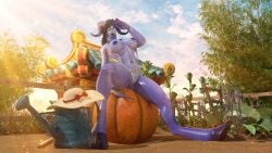 1girls 3d bellakvo big_breasts blizzard_entertainment blue_skin draenei female female_only hooves horns nude original_character pinup ribbon sironis solo voluptuous voluptuous_female warcraft world_of_warcraft