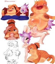 apron apron_only axol_(splatoon) big_breasts big_nipples blowjob breasts breasts_out chubby curvy curvy_female follaoctoamazon larger_female marigold_(splatoon) massive_nipples milf nintendo older_female sex size size_difference smaller_male splatoon splatoon_3 staff_(splatoon) wrinkled_face wrinkled_skin wrinkles wrinkly_face