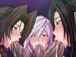 3girls aerith_gainsborough black_hair brown_hair censored eclair_farron face_focus fellatio female final_fantasy final_fantasy_vii final_fantasy_xiii girls-potion high_resolution human male oral purple_hair straight_hair tifa_lockhart