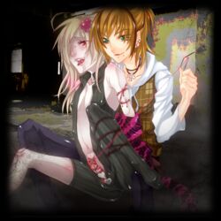 2boys blonde_hair blood bondage cross cry hair_ornament male multiple_boys needle open_mouth piercing saliva smile spread_legs tears tied trap trap_on_trap yaoi