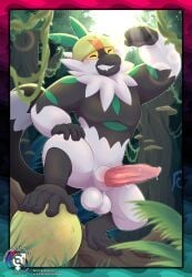 5_fingers 5_toes absurd_res andyocelot animal_genitalia anthro armor balls black_body black_countershading black_fur black_hands black_tail blush blush_lines bodily_fluids border closed_eyes countershading day dripping feet fingers fist flexing flexing_bicep forest fungus fur generation_7_pokemon genital_fluids genitals grass green_markings grin headgear headgear_only helmet helmet_only hi_res jungle lens_flare male mammal markings mushroom nintendo one_leg_up outline outside passimian penis pink_penis plant pokemon pokemon_(species) precum precum_drip precum_on_own_penis presenting presenting_penis primate raised_leg rimlight sharp_teeth sheath shrub smile solo step_pose stripes tail teeth text toes tree tuft url vein veiny_penis vines watermark white_balls white_body white_fur white_outline white_sheath white_stripes white_tuft yellow_sclera