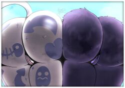 anthro ass bear big_butt bodily_fluids border bottomless cate_meowdy_(fortnite) clothed clothing domestic_cat duo epic_games felid feline felis female fortnite fur genitals hi_res lewdabis low-angle_view mammal markings purple_body purple_fur purple_markings raven_team_leader rear_view sweat thick_thighs vulva white_body white_border white_fur wide_hips