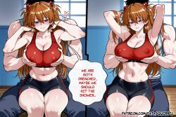 1boy ai_assisted ai_generated arms_up asuka_langley_sohryu bangs bike_shorts blue_eyes brown_hair cleavage covered_nipples english_text fatest_squirrel fingernails grabbing_another's_breast hair_ornament half-closed_eyes hand heavy_breathing large_breasts long_hair looking_down mature_female midriff muscular_male navel neon_genesis_evangelion parted_lips red_sports_bra sitting_on_lap smile straight-on sweat sweatpants tank_top toned_female veiny_arms