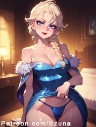 ai_generated big_ass big_breasts big_butt big_thighs blonde_hair blue_dress blue_eyes blue_g-string blue_thong blush braid braided_hair dress_lift elsa_(frozen) ezuna female female_only frozen_(film) frozen_2 g-string huge_ass huge_breasts huge_butt huge_thighs thong wanuze wide_hips