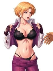 1girls ai_generated animated big_breasts bilburat blonde_hair blue_eyes clothed clothed_female formal_clothes king_(snk) king_of_fighters kissing light-skinned_female light_skin pale-skinned_female pale_skin pants short_hair suit tagme tuxedo undressing video