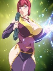 1girls ai_generated bare_breasts bare_midriff bare_navel basement bead_necklace beads bible_black bible_black_new_testament blunt_bangs bob_cut bodysuit breasts breasts_out bridal_gauntlets busty center_opening curvaceous curvy curvy_female curvy_figure exposed_breasts enigmata holding_object facing_viewer female female_focus female_only front_view huge_breasts jewelry magic magic_user lipstick looking_at_viewer makeup mature mature_female midriff milf nail_polish navel necklace nipple_slip nipples no_bra no_bra_under_clothes open_mouth pants purple_eyes pinup red_hair revealing_clothes shin_bible_black short_hair solo takashiro_hiroko upper_body vest voluptuous