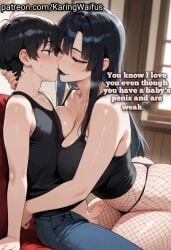ai_generated big_breasts black_hair black_lipstick black_topwear blue_eyes caption close-up dirty_talk fishnet fishnet_legwear fishnets girlfriend goth goth_girl gothic karingwaifus long_hair small_penis sports_bra sportswear tank_top