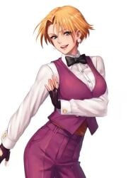 1girls ai_generated animated big_breasts bilburat blonde_hair blue_eyes formal_clothes king_(snk) king_of_fighters light-skinned_female light_skin pale-skinned_female pale_skin short_hair suit tagme tuxedo video