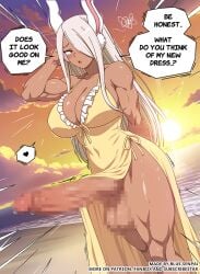 ! 1futa animal_ears beach blue-senpai boku_no_hero_academia breasts bunny_ears censored dark_skin erection female futa_only futanari hair_over_one_eye huge_penis long_hair mirko miruko mosaic_censoring muscular_female my_hero_academia outdoors penis red_eyes rumi_usagiyama speech_bubble spoken_exclamation_mark sunset