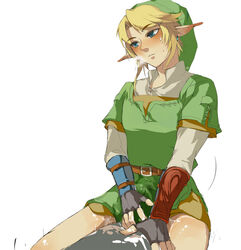 anal blonde_hair blush cum fingerless_gloves gay gloves link link_(twilight_princess) male male_only muse_(rainforest) nintendo pant piercing pointy_ears straight_hair sweatdrop the_legend_of_zelda twilight_princess white_background yaoi