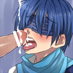 2boys blindfold blue_hair blush boy_rape censored cry cum cum_in_mouth fellatio femboy forced_oral forced_yaoi group_sex hair kaito_(vocaloid) male male_only open_mouth oral penis pointless_censoring rape saliva scarf tears vocaloid yaoi