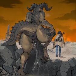2_horns ai_generated arm_at_side aroused big_anus big_butt big_pussy black_helmet blue_pants brown_body brown_coat clawed_feet clawed_hands curled_horns curvy dark_anus dark_clouds dark_pussy deathclaw dust duster excessive_pussy_juice facing_away fallout fallout_new_vegas female_focus fog from_behind grinding horny huge_ass humping humping_rock in_heat jeans jiggies knee_up large_claws larger_female leaning_forward light_countershading looking_at_another monster noodle_jacuzzi orange_sky perched plump post-apocalyptic pussy_juice ragged_clothes rifle rock ruins sand scalie solo_focus spines standing syrup_town tail_raised thick_tail thick_thighs walking wasteland wide_hips worn_clothes