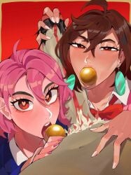 1boy 2girls ayase_momo ball_(object) balls blush brown-haired_female brown_hair dandadan diforland erection fellatio female ffm_threesome group_sex heart heart-shaped_pupils highres large_penis licking licking_balls male multiple_females multiple_girls open_mouth oral penis pink-haired_female pink_hair pov separated_balls shiratori_aira_(dandadan) symbol-shaped_pupils takakura_ken_(okarun) takakura_ken_(okarun)_(transformed) testicles threesome