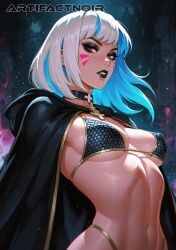 ai_generated artifactnoir blue_hair chainmail chainmail_bikini choker cross_choker d.va gold_trim multicolored_hair overwatch perky_breasts small_breasts two-tone_hair white_hair