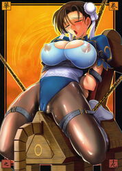 blush bondage breasts brown_eyes brown_hair bun_cover cameltoe chains chinese_clothes chun-li closed_eyes double_bun female female_only high_resolution human kawaraya kawaraya_a-ta large_breasts nipples nipples_visible_through_clothing pantyhose pussy_juice solo straight_hair street_fighter wooden_horse