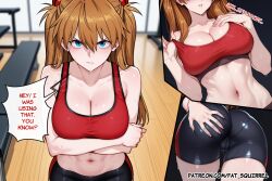ai_assisted ai_generated ass_focus asuka_langley_sohryu back bangs bike_shorts blue_eyes breast_focus brown_hair cleavage crossed_arms dutch_angle english_text fatest_squirrel fingernails glaring grabbing_own_ass hair_ornament hand hand_on_own_chest large_breasts long_hair looking_at_viewer mature_female midriff navel neon_genesis_evangelion parted_lips red_sports_bra standing straight-on strap_pull sweat toned_female upper_body v-shaped_eyebrows