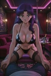 ai ai_art ai_generated big_breasts black_lingerie breasts curvy exotic_dancer female fishnet_stockings garter_belt lap_dance lingerie male misato_katsuragi neon_genesis_evangelion neopn_genesis_evangelion nightclub pole pole_dancer pov private_dance private_room purple_hair strip_club stripper stripper_clothes stripper_pole stripping striptease vip_room
