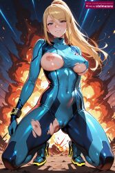ai_assisted ai_generated ass_visible_through_thighs bangs blonde_hair blue_bodysuit blue_eyes blush bodysuit breasts cameltoe covered_navel covered_nipples explosion female female_only grin hair_between_eyes high_heels kneeling large_breasts long_hair looking_at_viewer metroid mole mole_under_mouth nintendo nipples one_breast_out parted_lips ponytail samus_aran shiny shooting_star skin_tight sky smile solo star_\\\\\\\\(sky\\\\\\\\) starry_sky stelmazura sweat thighs torn_bodysuit torn_clothes zero_suit